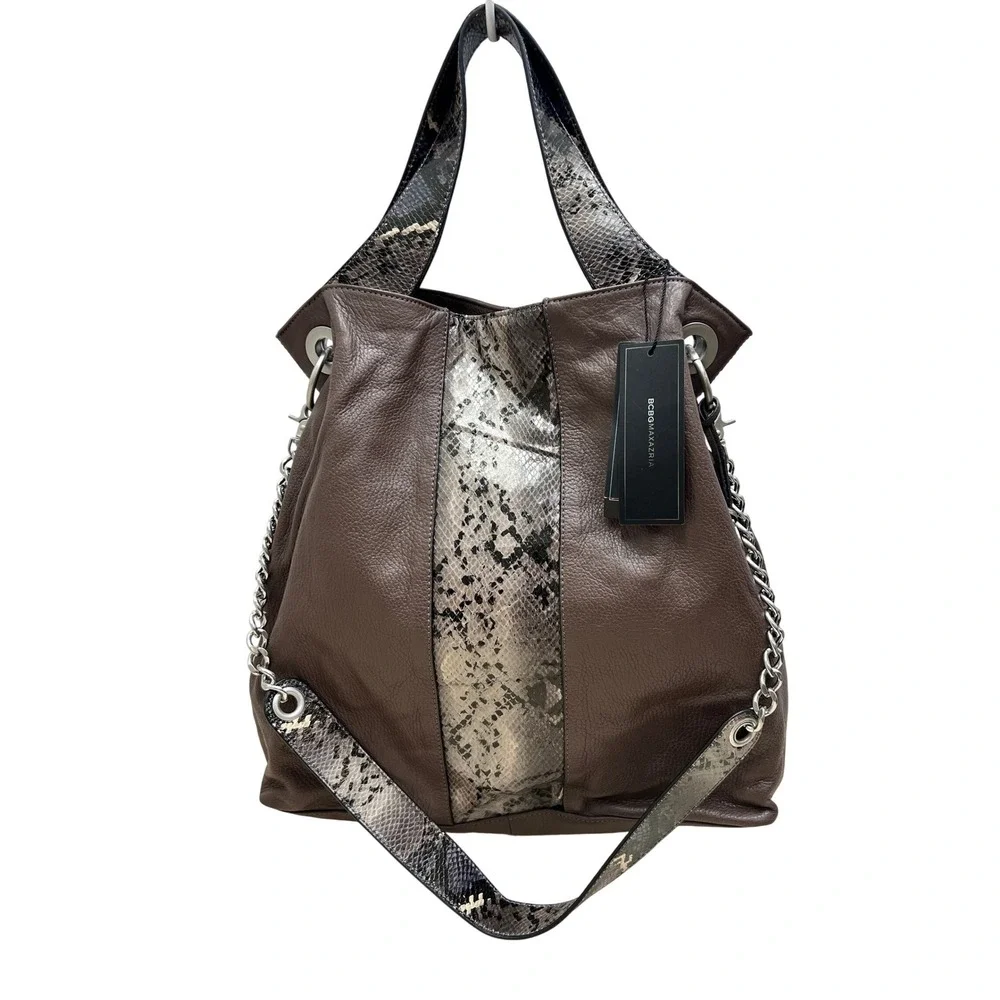 BCBGMAXAZRIA Hobo Bag Womens NS Mink New Leather Snakeskin Embossed EOR209BZ-201